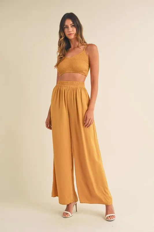 Smocked Bralette Crop Top And Wide Leg Pants Set – Gold Mustard outfit idea for women | Ro + Ivy
