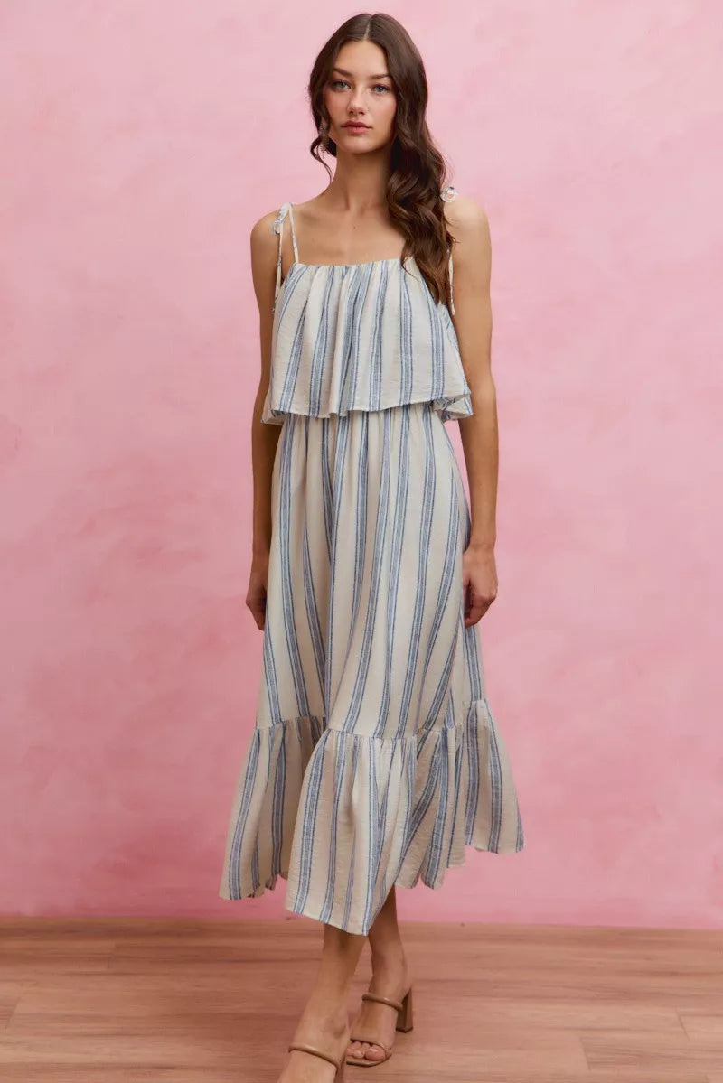 Women's Striped Tiered Shoulder Tie Midi Dress - Midi Dresses