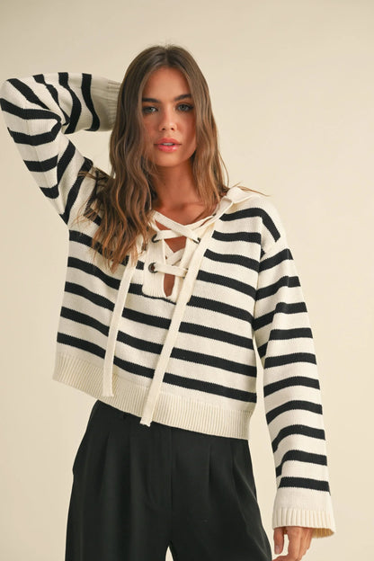 Striped Sailor Collar Sweater with Lace-Up Front Neckline - Black Stripe Sweaters
