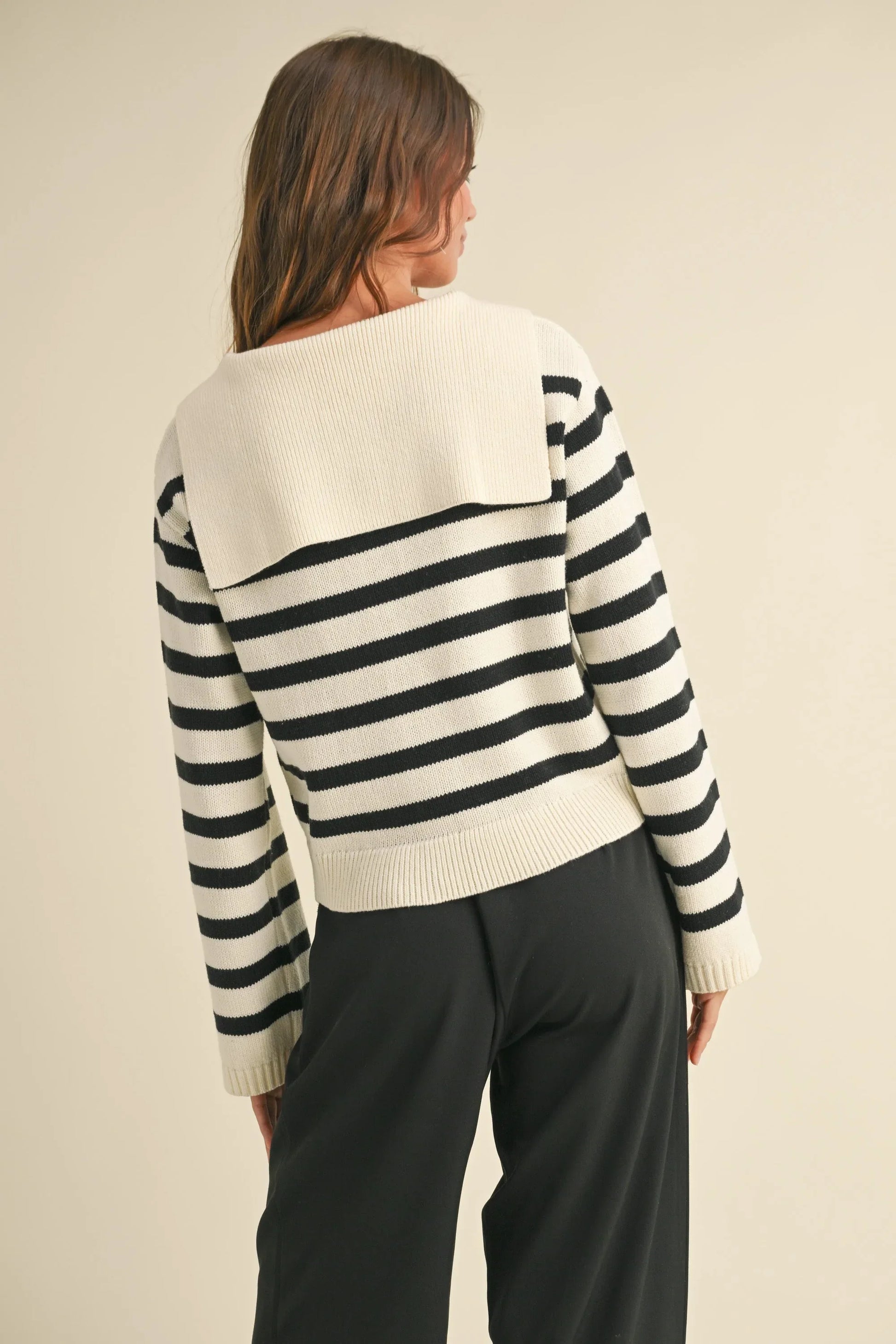 Striped Sailor Collar Sweater with Lace-Up Front Neckline - Sweaters