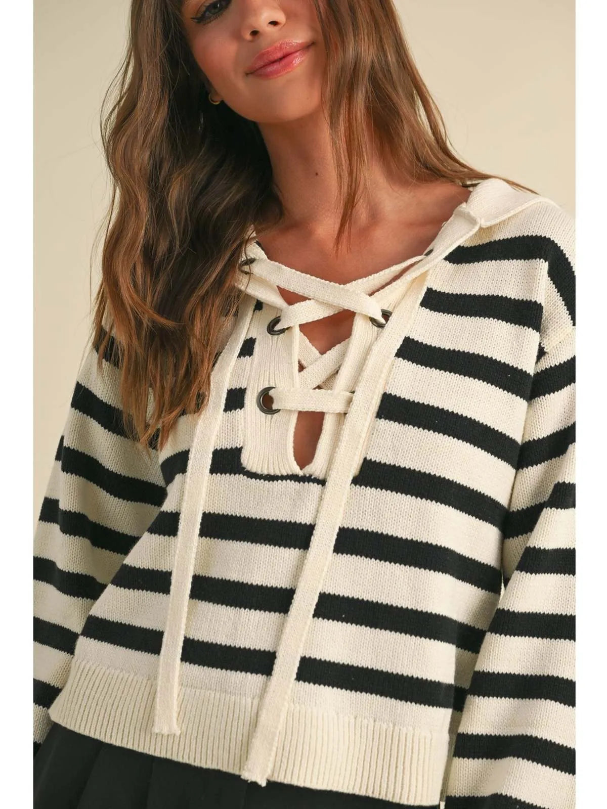 Striped Sailor Collar Sweater with Lace-Up Front Neckline - Sweaters