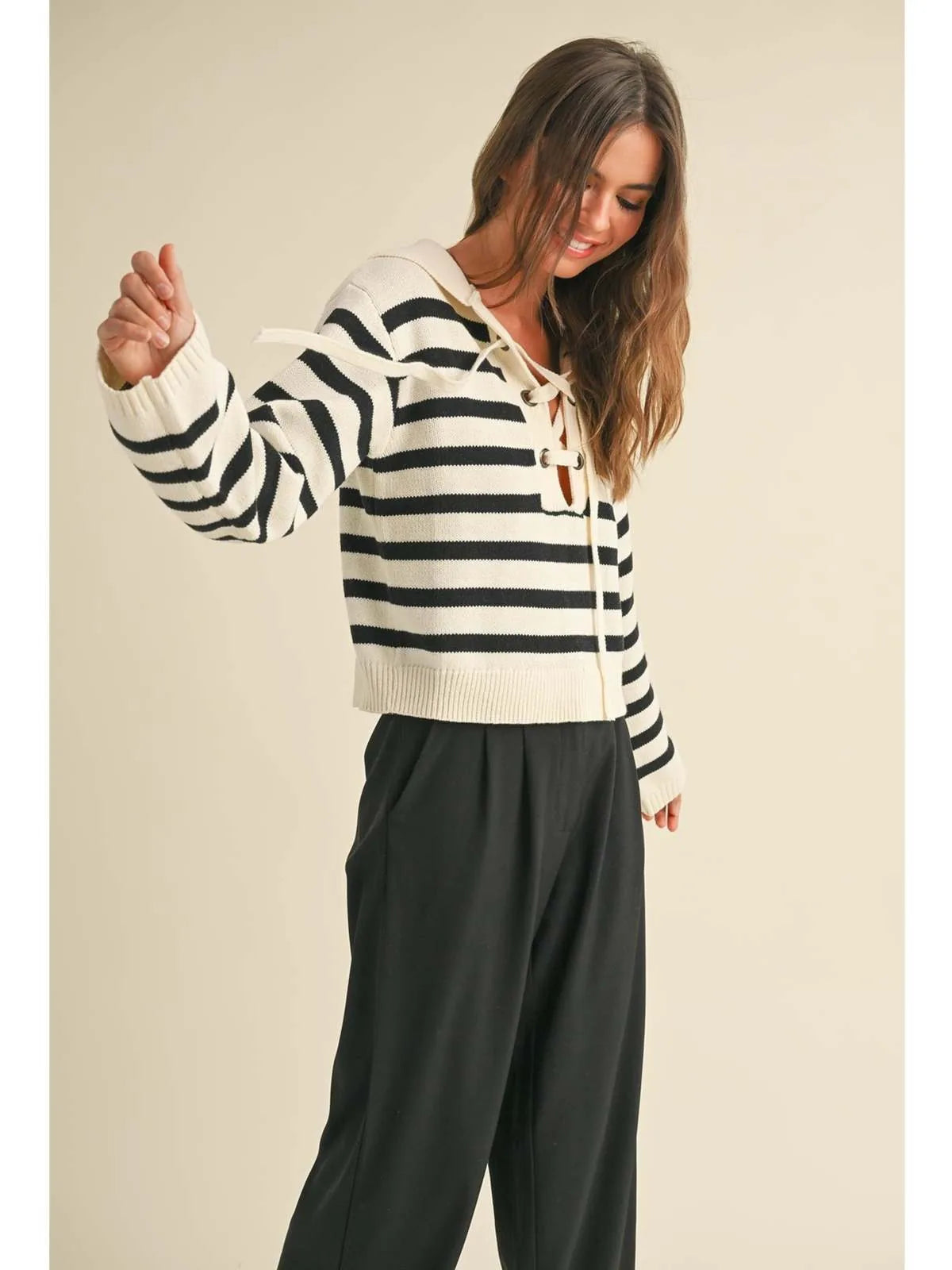 Striped Sailor Collar Sweater with Lace-Up Front Neckline - Sweaters