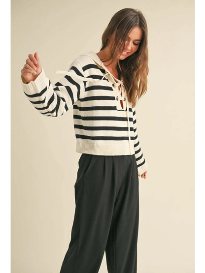 Striped Sailor Collar Sweater with Lace-Up Front Neckline - Sweaters