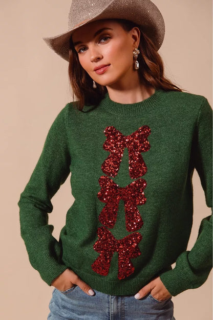 Bow Sequins Round Neck Long Sleeve Sweater in Hunter | Trendy Sweaters Outfit Idea for Women by Ro + Ivy | Elevated Basics, Modern Comfort & Style