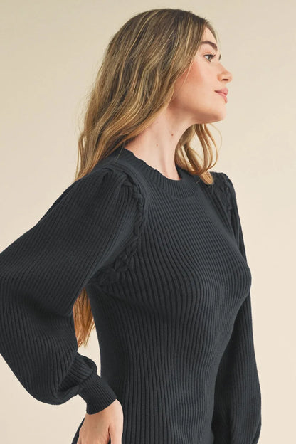 Ribbed Knit Mini Sweater Dress with Bishop Sleeves