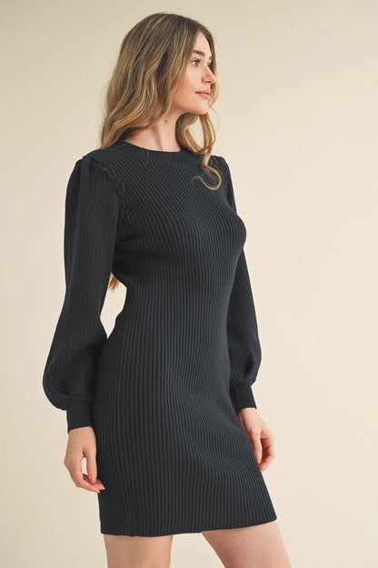 Ribbed Knit Mini Sweater Dress with Bishop Sleeves