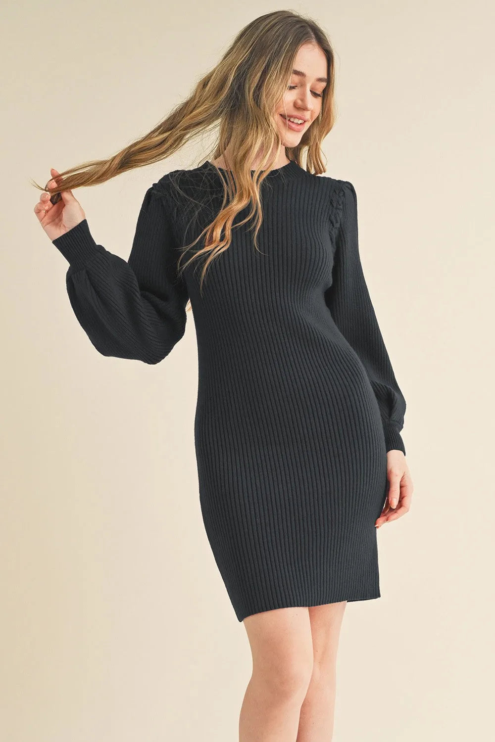 Ribbed Knit Mini Sweater Dress with Bishop Sleeves Black