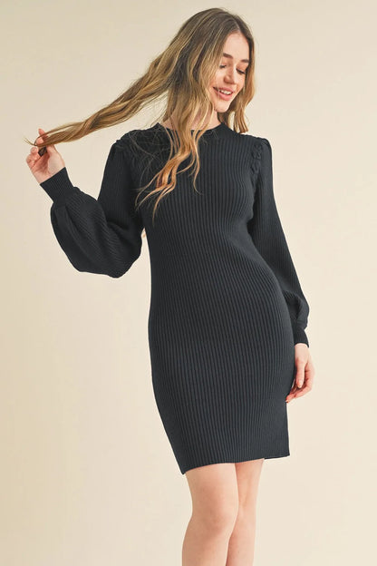 Ribbed Knit Mini Sweater Dress with Bishop Sleeves Black