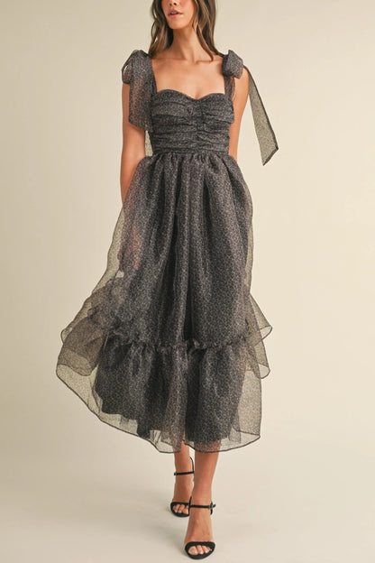 Leopard Print Organza Maxi Dress with Tie Shoulders - Leopard Maxi Dresses