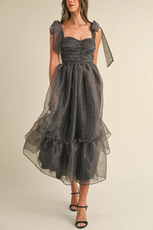 Leopard Print Organza Maxi Dress with Tie Shoulders - Leopard Maxi Dresses