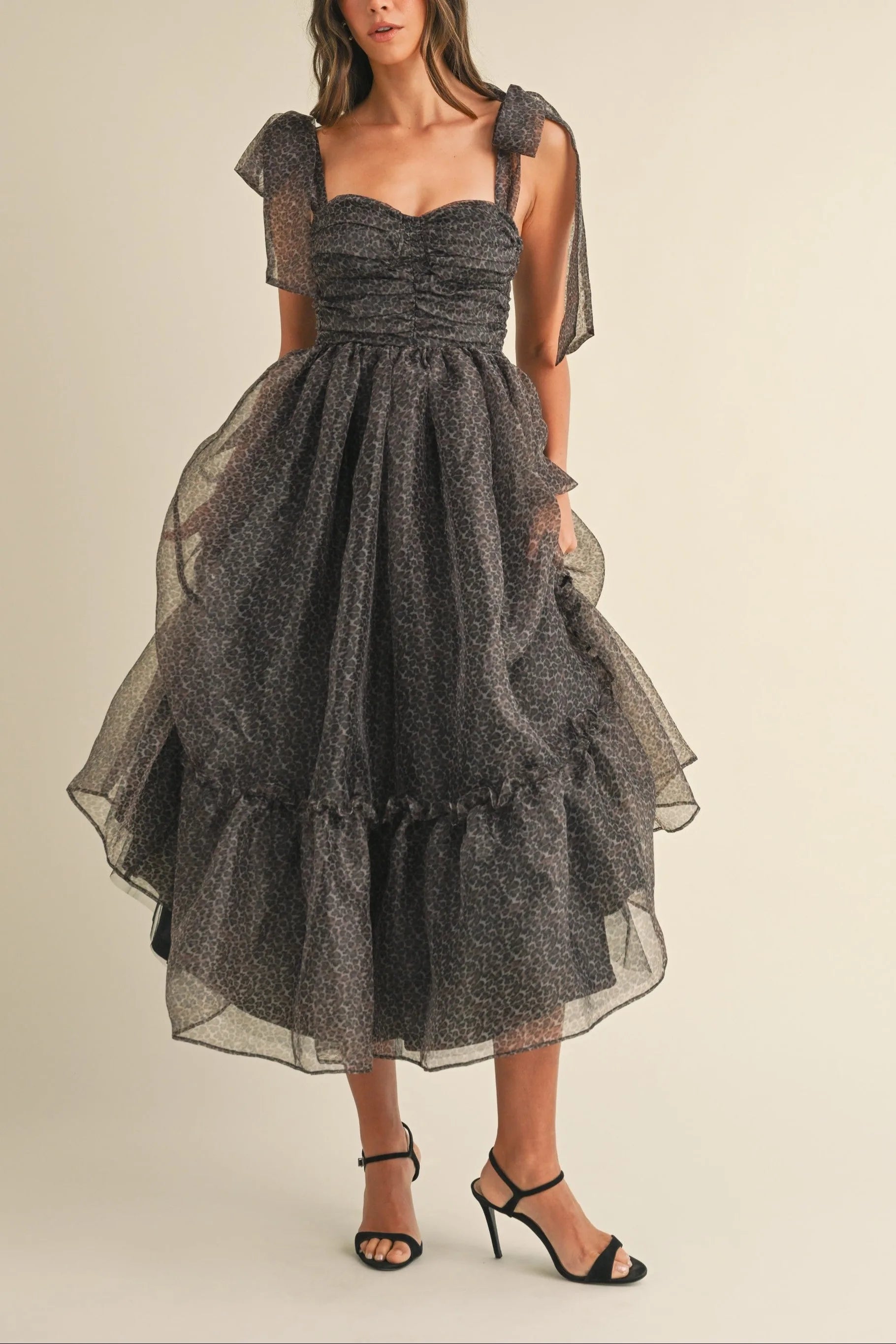 Leopard Print Organza Maxi Dress with Tie Shoulders - Maxi Dresses