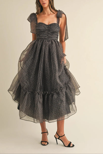 Leopard Print Organza Maxi Dress with Tie Shoulders - Maxi Dresses