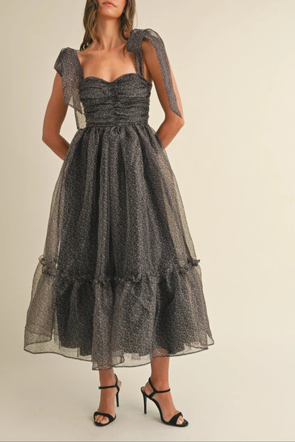 Leopard Print Organza Maxi Dress with Tie Shoulders - Maxi Dresses