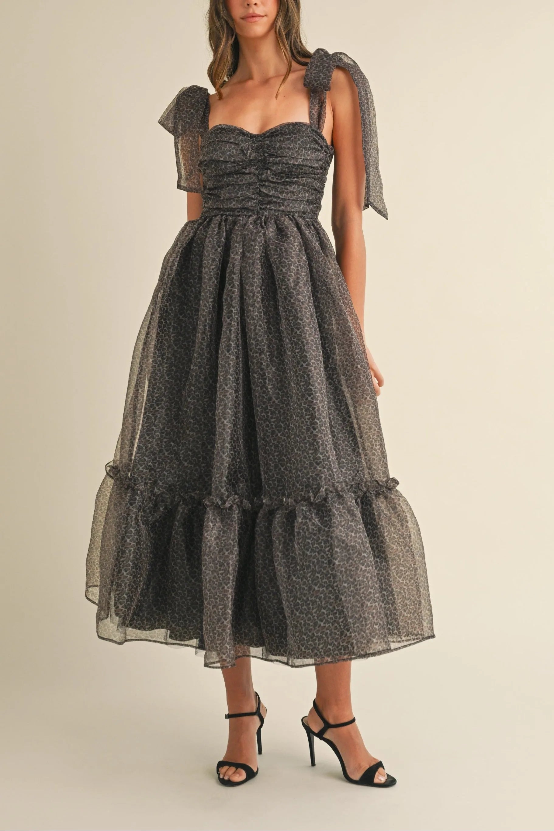 Leopard Print Organza Maxi Dress with Tie Shoulders - Maxi Dresses