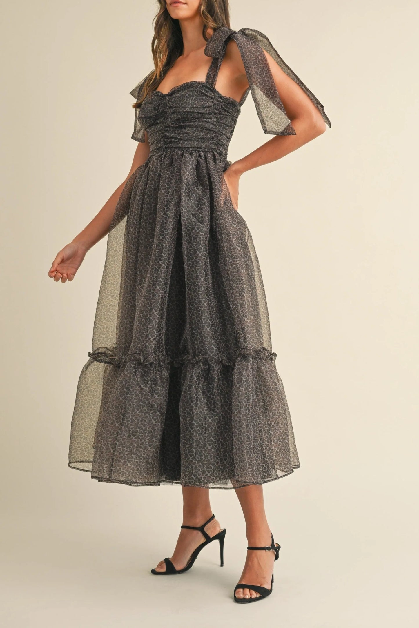 Leopard Print Organza Maxi Dress with Tie Shoulders - Maxi Dresses