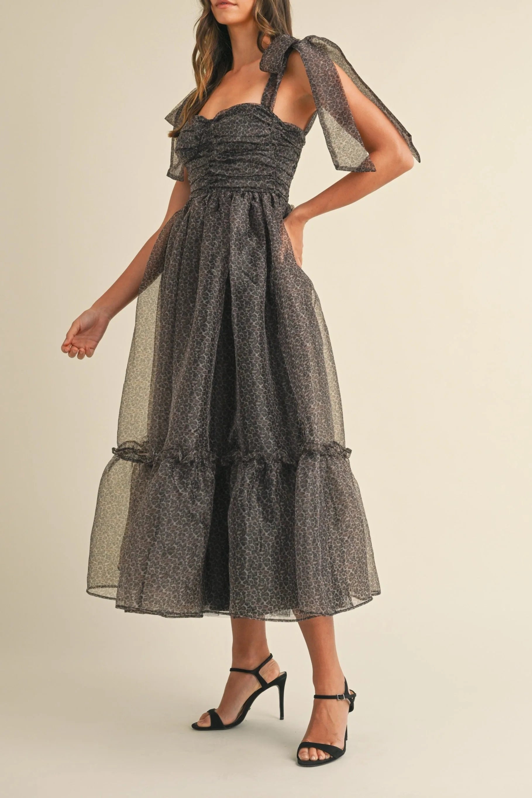 Leopard Print Organza Maxi Dress with Tie Shoulders - Maxi Dresses