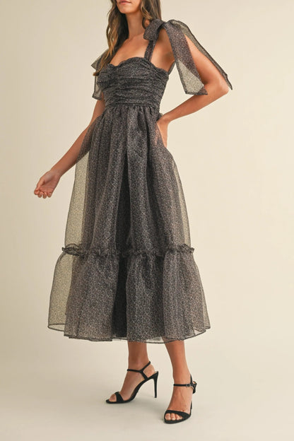 Leopard Print Organza Maxi Dress with Tie Shoulders - Maxi Dresses