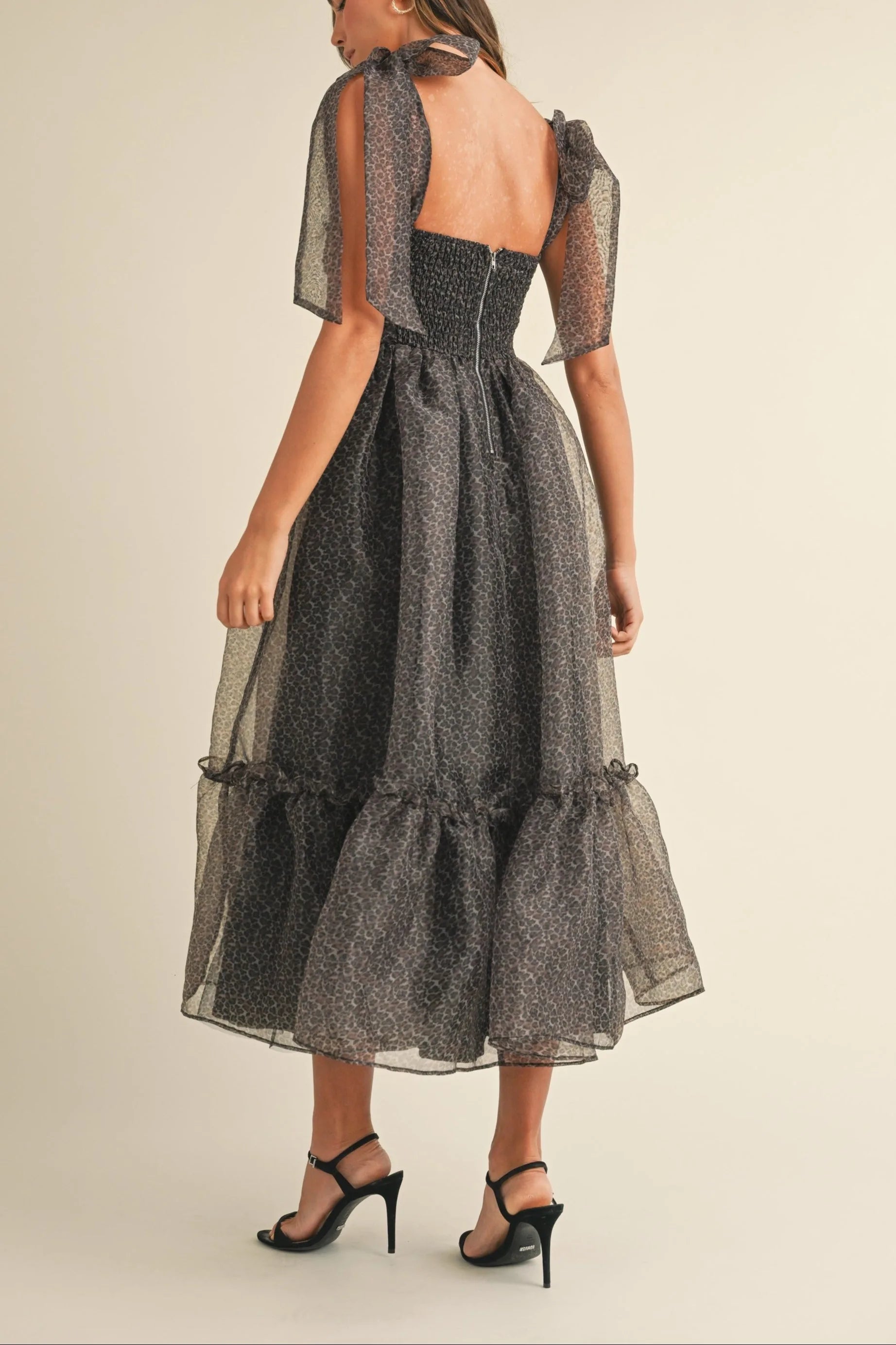 Leopard Print Organza Maxi Dress with Tie Shoulders - Maxi Dresses