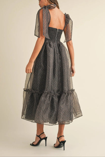 Leopard Print Organza Maxi Dress with Tie Shoulders - Maxi Dresses