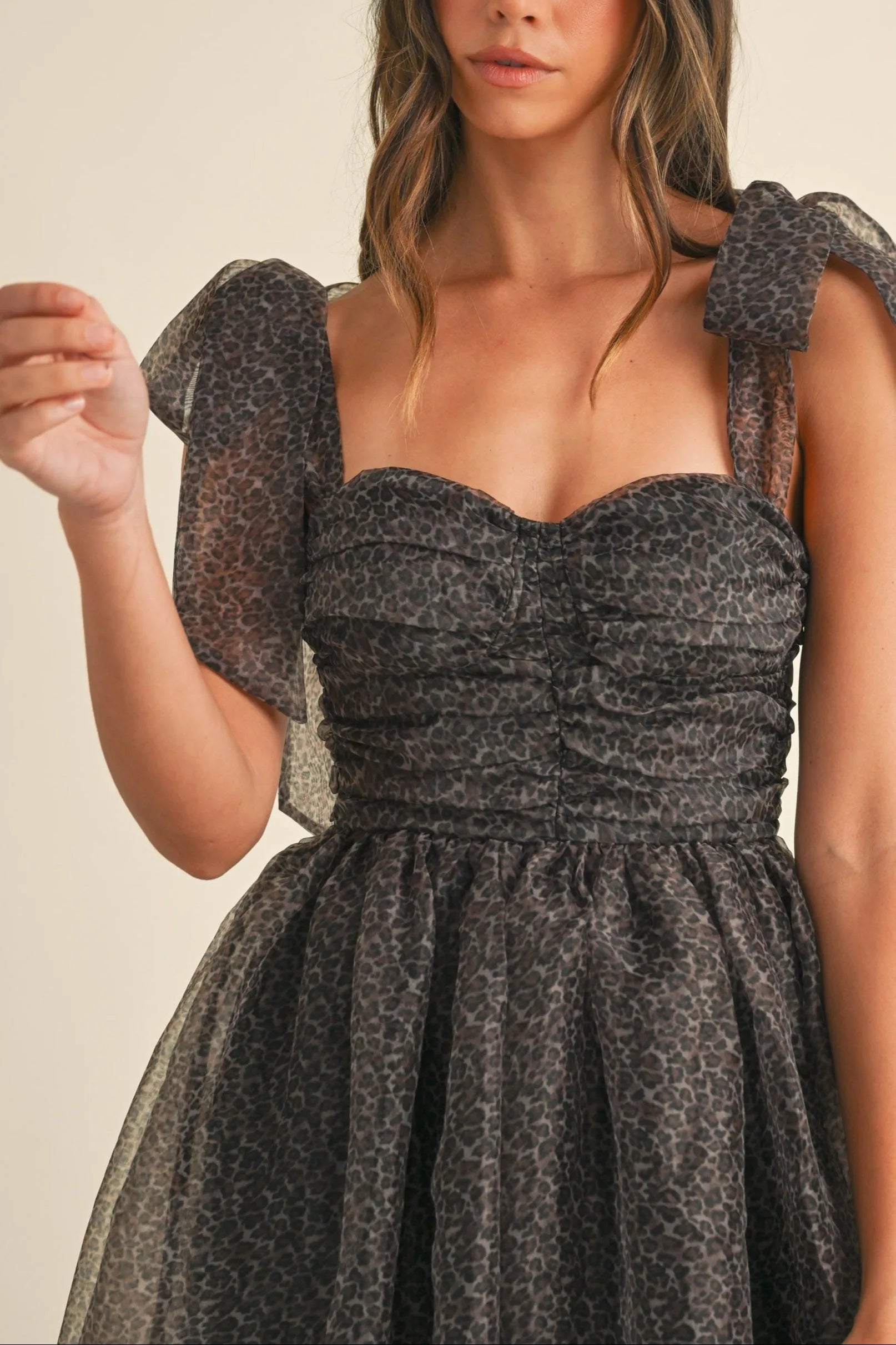 Leopard Print Organza Maxi Dress with Tie Shoulders - Maxi Dresses