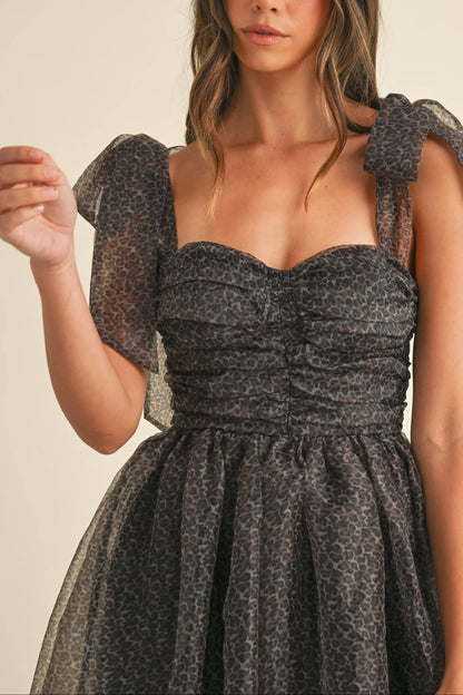 Leopard Print Organza Maxi Dress with Tie Shoulders - Maxi Dresses
