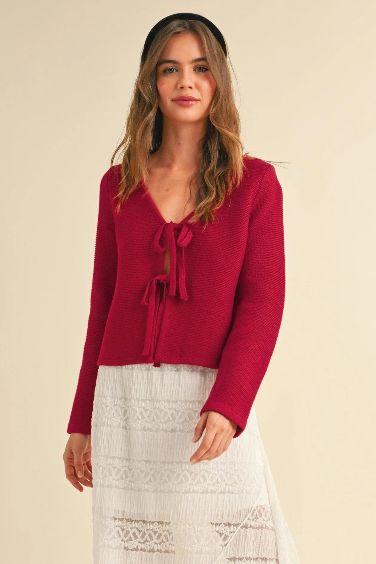 Tie-Front Knit Cardigan - Red Cardigans