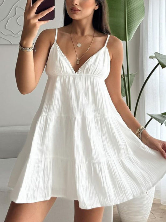 V-Neck Tiered Mini Dress - White Mini Dresses