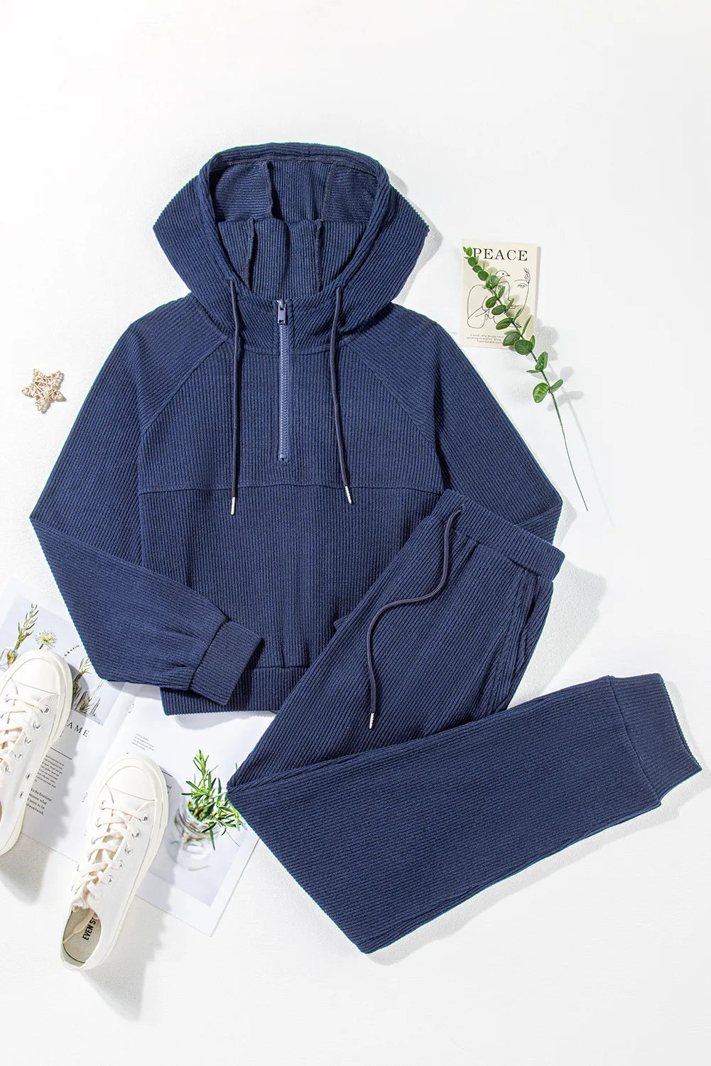 Ribbed Half Zip Hoodie and Joggers Loungewear Set