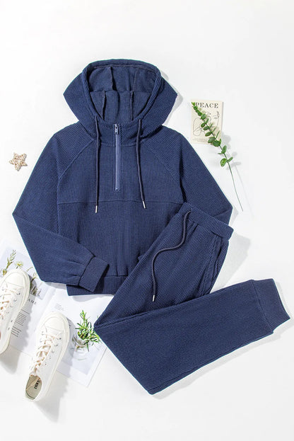 Ribbed Half Zip Hoodie and Joggers Loungewear Set