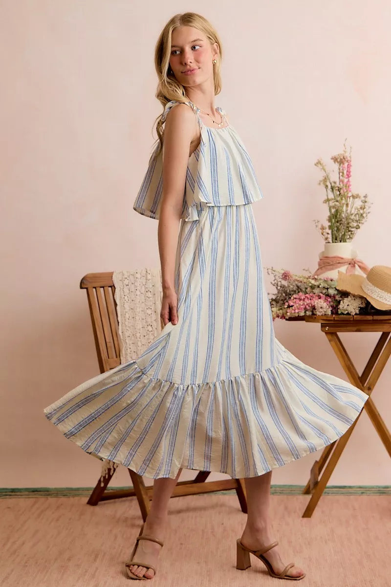 Women's Striped Tiered Shoulder Tie Midi Dress - Midi Dresses