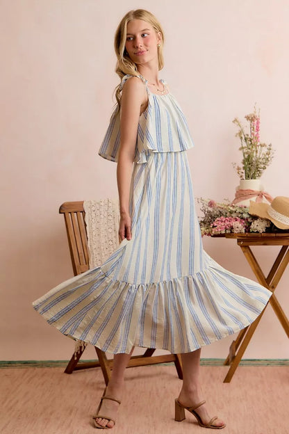 Women's Striped Tiered Shoulder Tie Midi Dress - Midi Dresses
