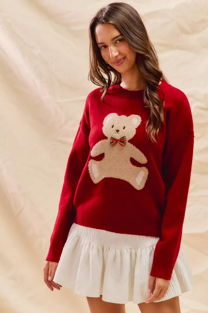 Round Neck Long Sleeve Teddy Bear Christmas Sweater | Trendy Sweaters Outfit Idea for Women by Ro + Ivy | Elevated Basics, Modern Comfort & Style