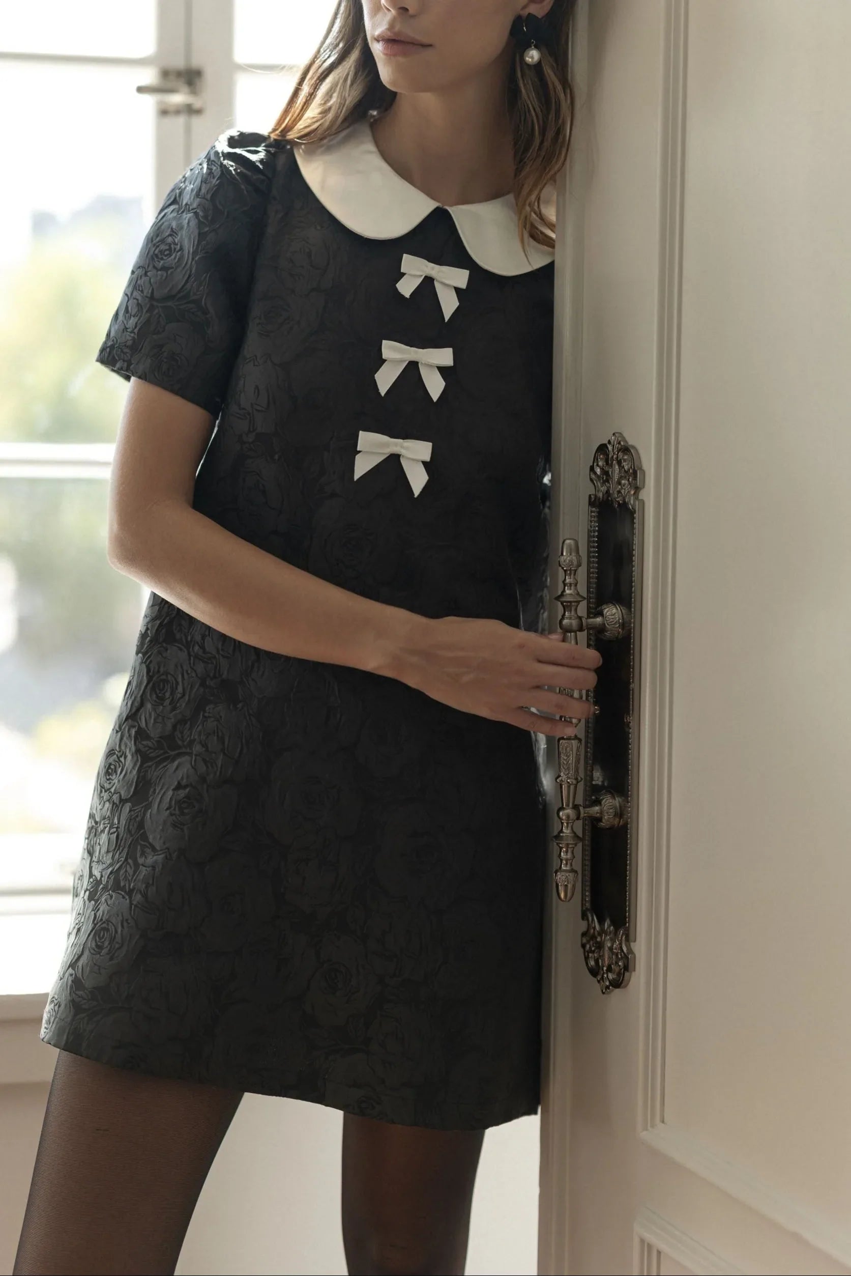 Floral Jacquard Peter Pan Collared Mini Dress Black