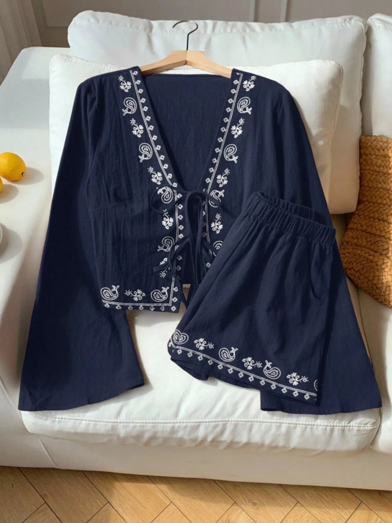 Women's Embroidered Tie Front Top and Shorts Set - Matching Sets