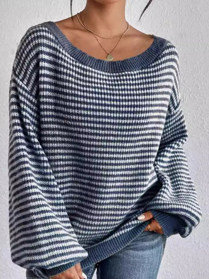 Oversized Striped Ribbed Knit Sweater with Boat Neck