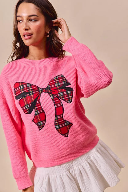 Plaid Bow Christmas Crewneck Holiday Sweater | Trendy Sweaters Outfit Idea for Women by Ro + Ivy | Elevated Basics, Modern Comfort & Style