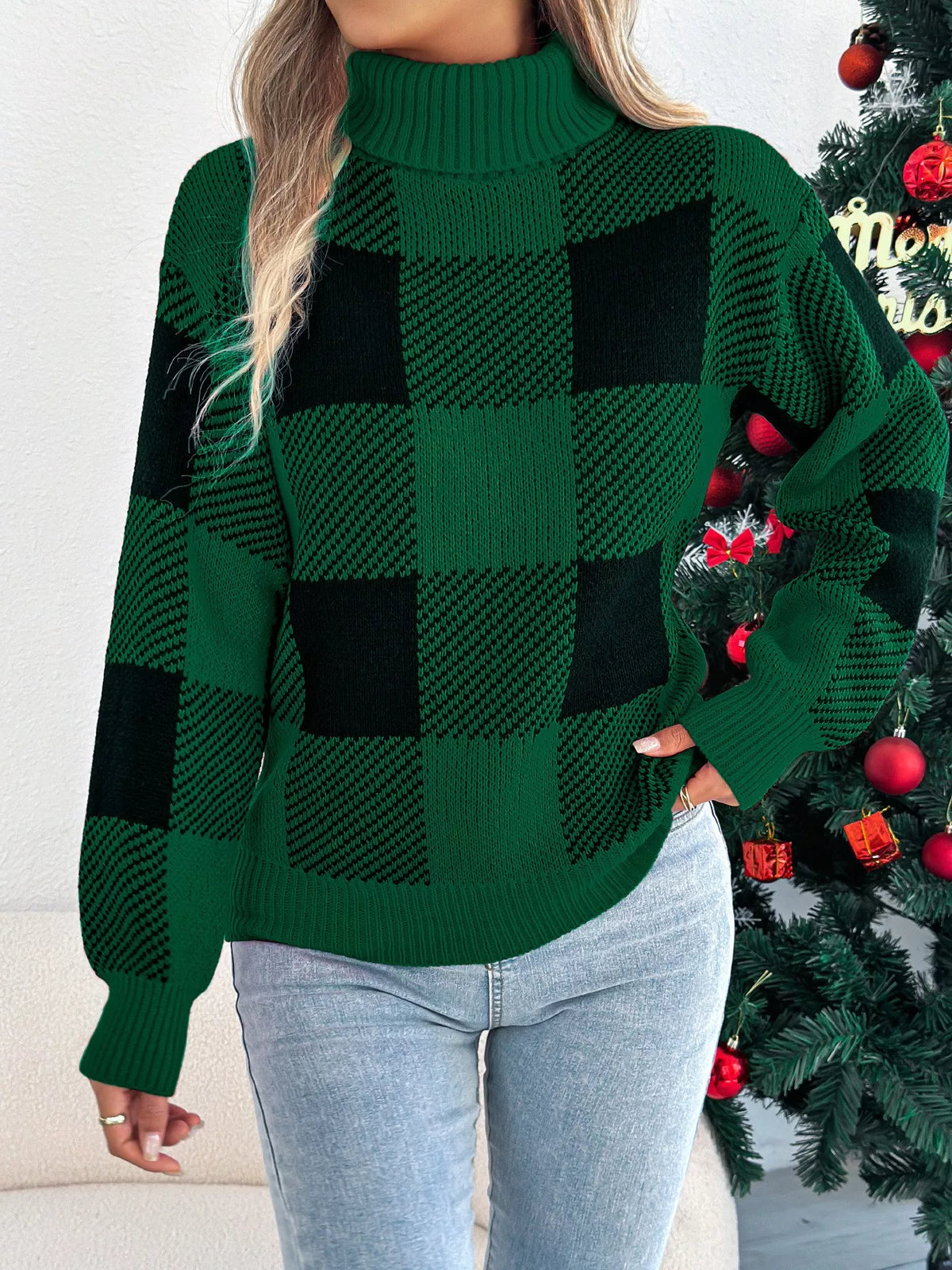 Christmas Plaid Long-Sleeve Turtleneck Knit Sweater Green