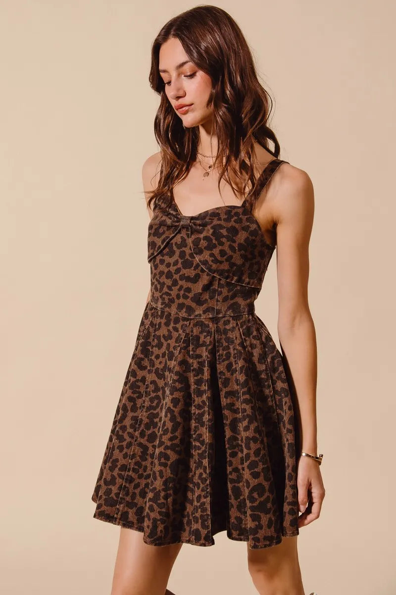 Leopard Sweetheart Bow Neckline Fit and Flare Dress | Trendy Knee Length Dresses Outfit Idea for Women by Ro + Ivy | Elevated Basics, Modern Comfort & Style