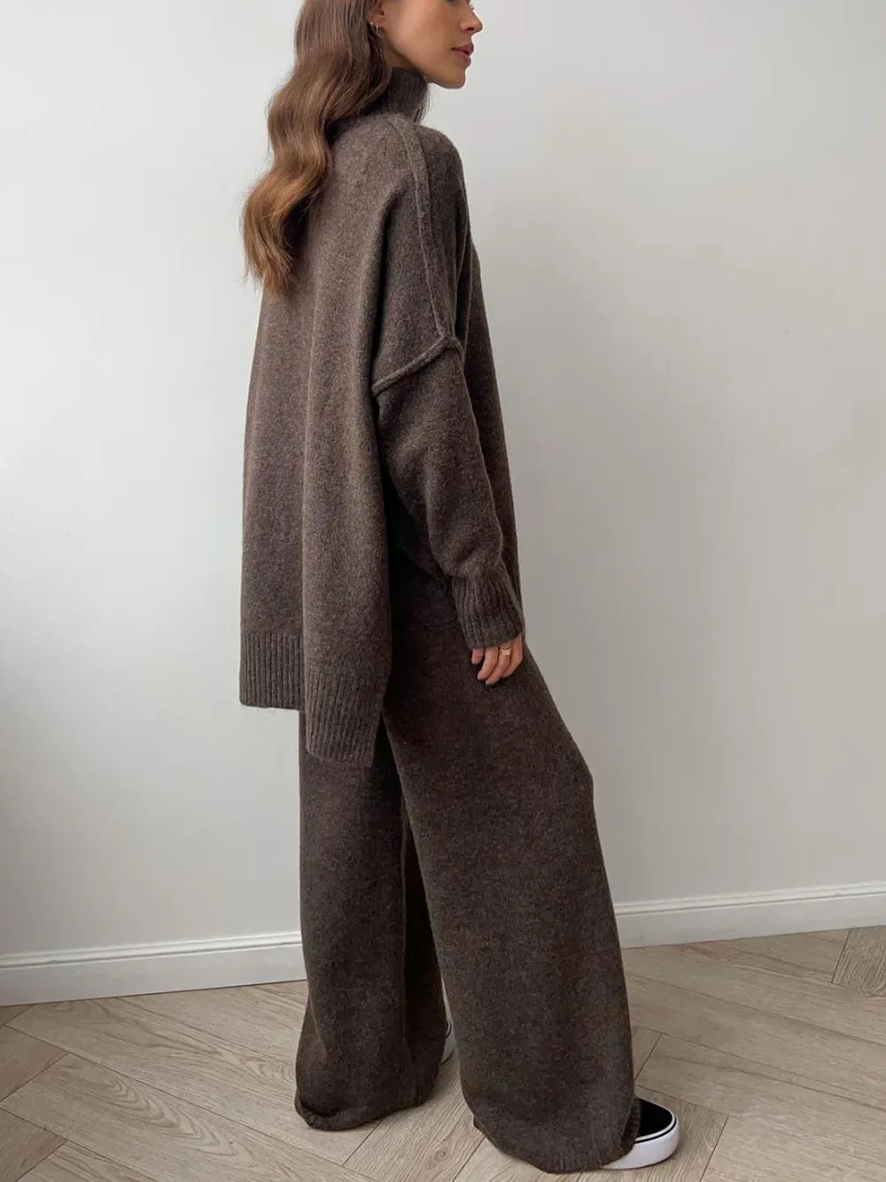 Long Sleeve Turtleneck Top with Slit and Pants Loungewear Set - Loungewear Sets
