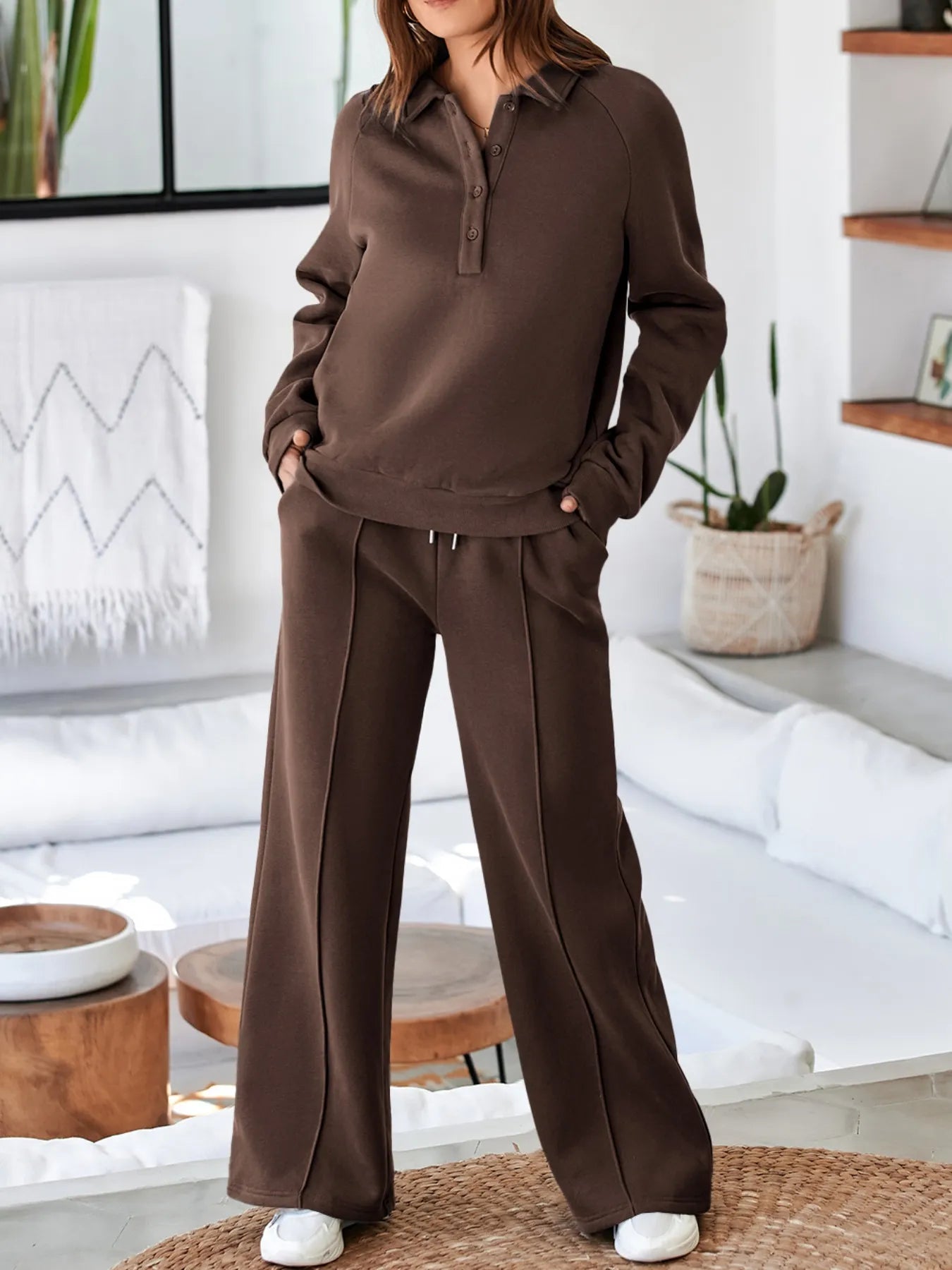 Women's Collared Sweatshirt and High Waist Pants Active Set - Activewear Sets