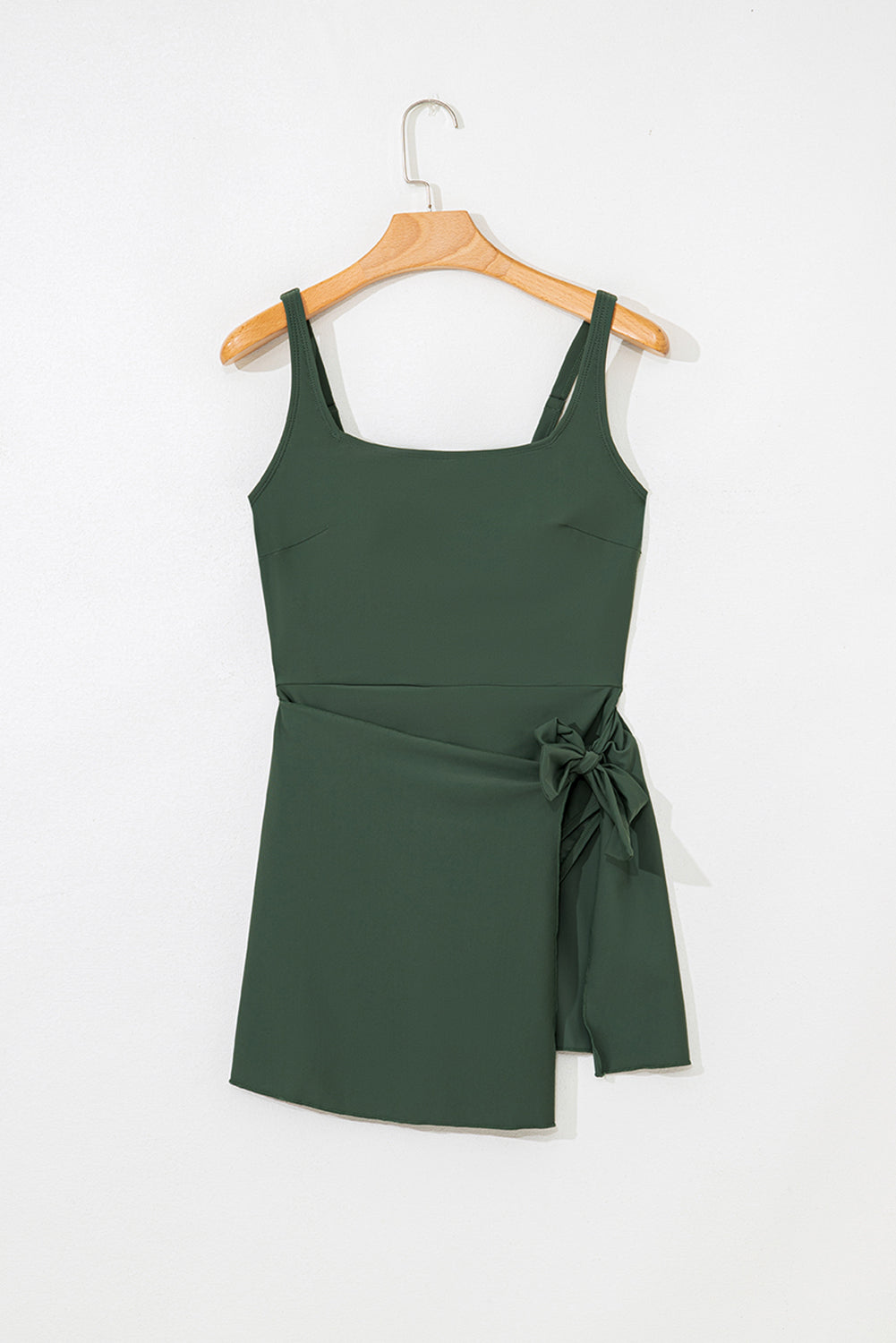 Solid Wrap Tie Waist Square Neck A-Line Swim Dress — Slimming Silhouette Elegant Beach Style - Swimwear