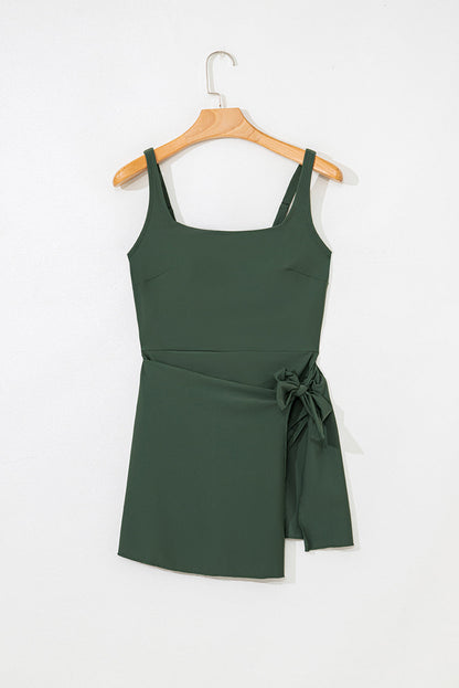 Solid Wrap Tie Waist Square Neck A-Line Swim Dress — Slimming Silhouette Elegant Beach Style - Swimwear