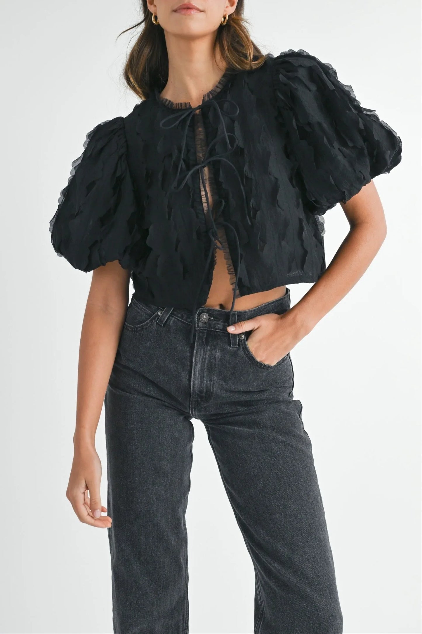 Textured Scallop Puff Sleeve Blouse Top — Elegant Modern Feminine Versatile Everyday Style - Blouses