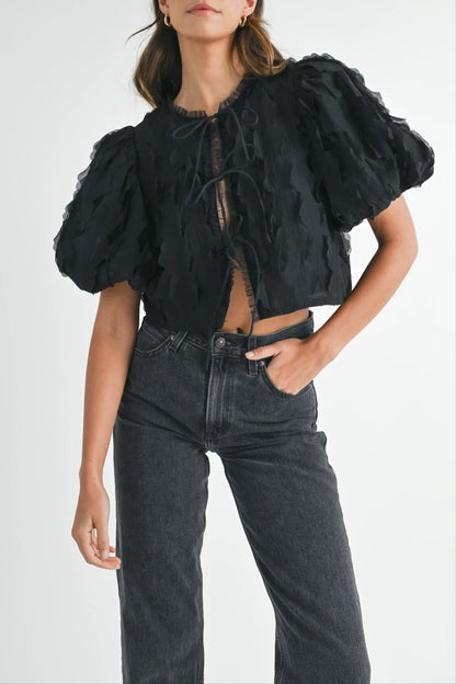 Textured Scallop Puff Sleeve Blouse Top — Elegant Modern Feminine Versatile Everyday Style - Blouses
