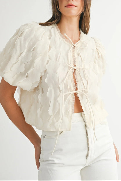 Textured Scallop Puff Sleeve Blouse Top — Elegant Modern Feminine Versatile Everyday Style - Blouses