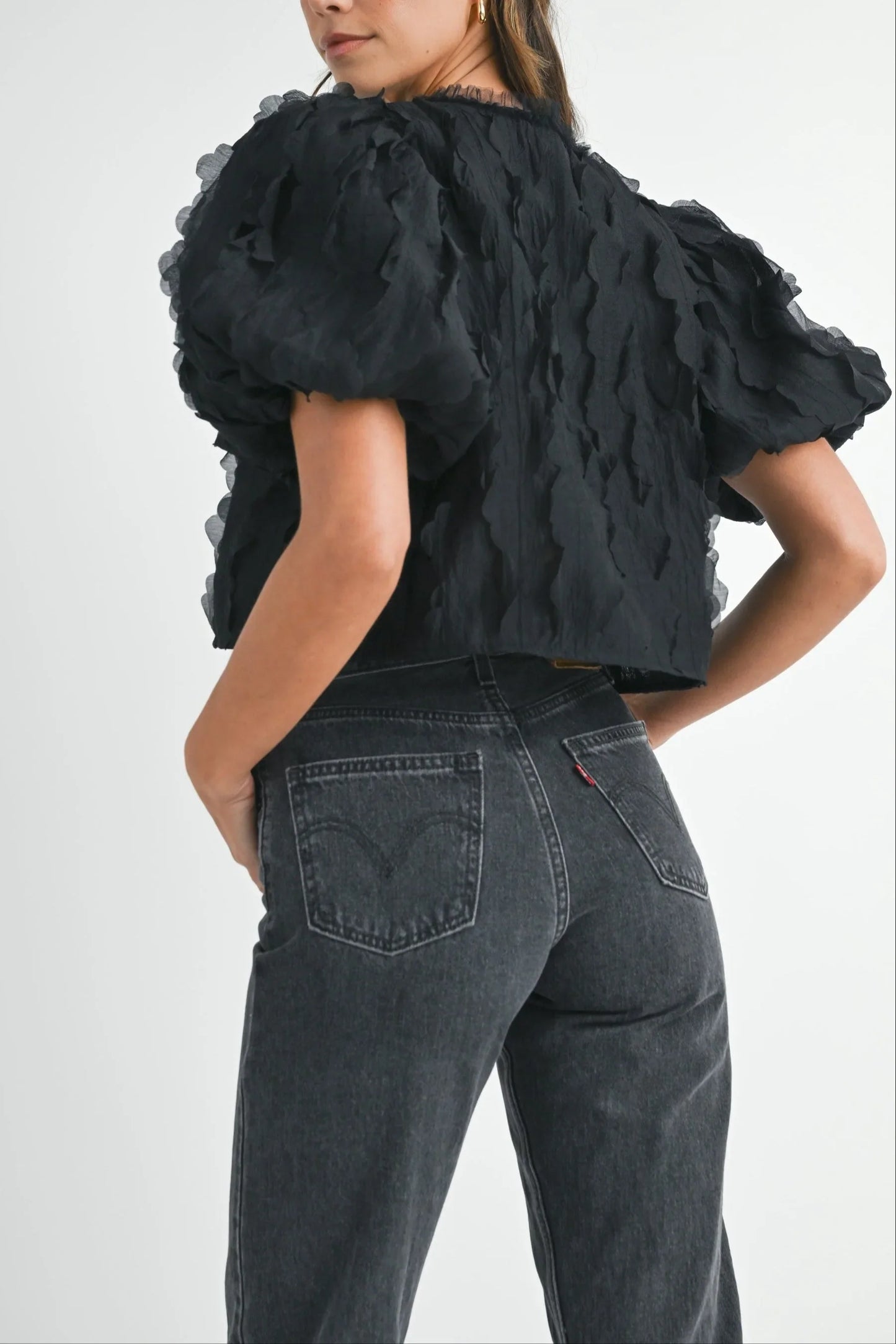 Textured Scallop Puff Sleeve Blouse Top — Elegant Modern Feminine Versatile Everyday Style - Blouses