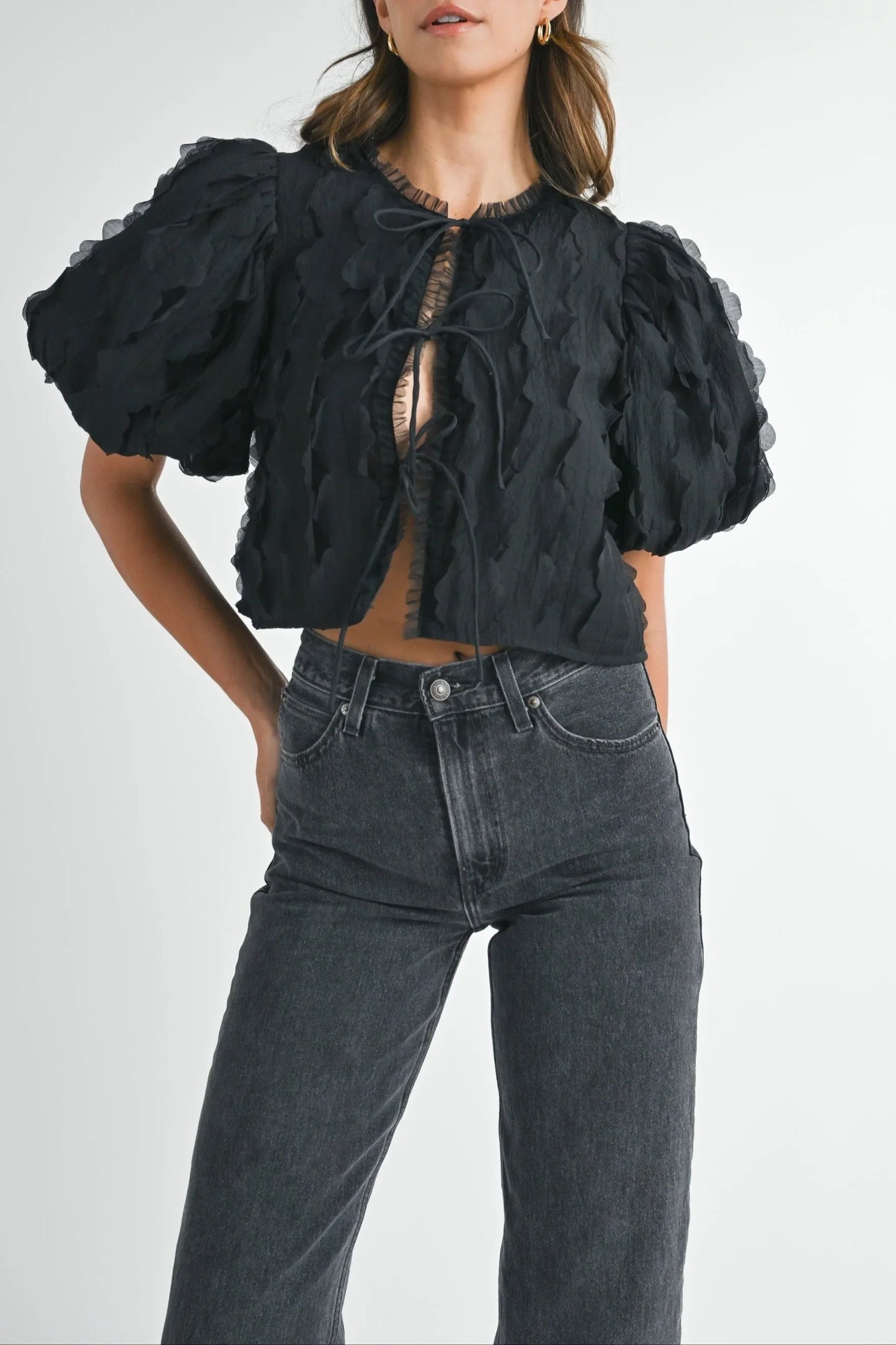 Textured Scallop Puff Sleeve Blouse Top — Elegant Modern Feminine Versatile Everyday Style - Blouses