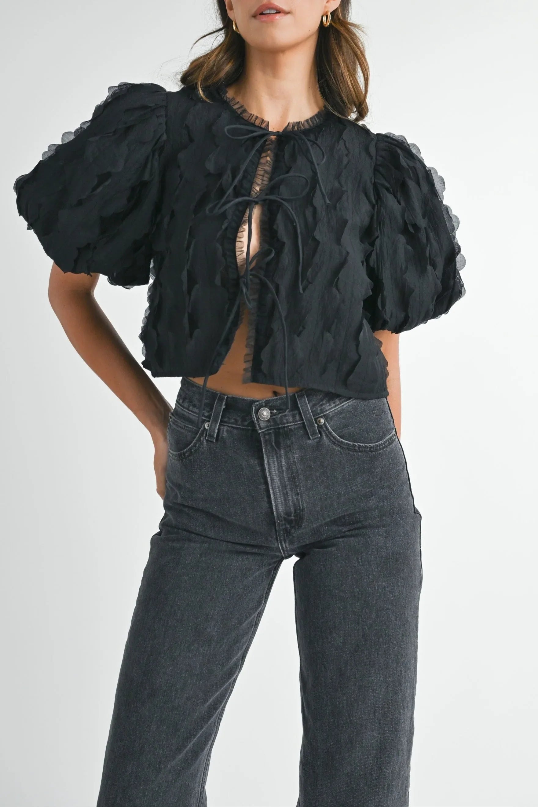 Textured Scallop Puff Sleeve Blouse Top — Elegant Modern Feminine Versatile Everyday Style - Blouses
