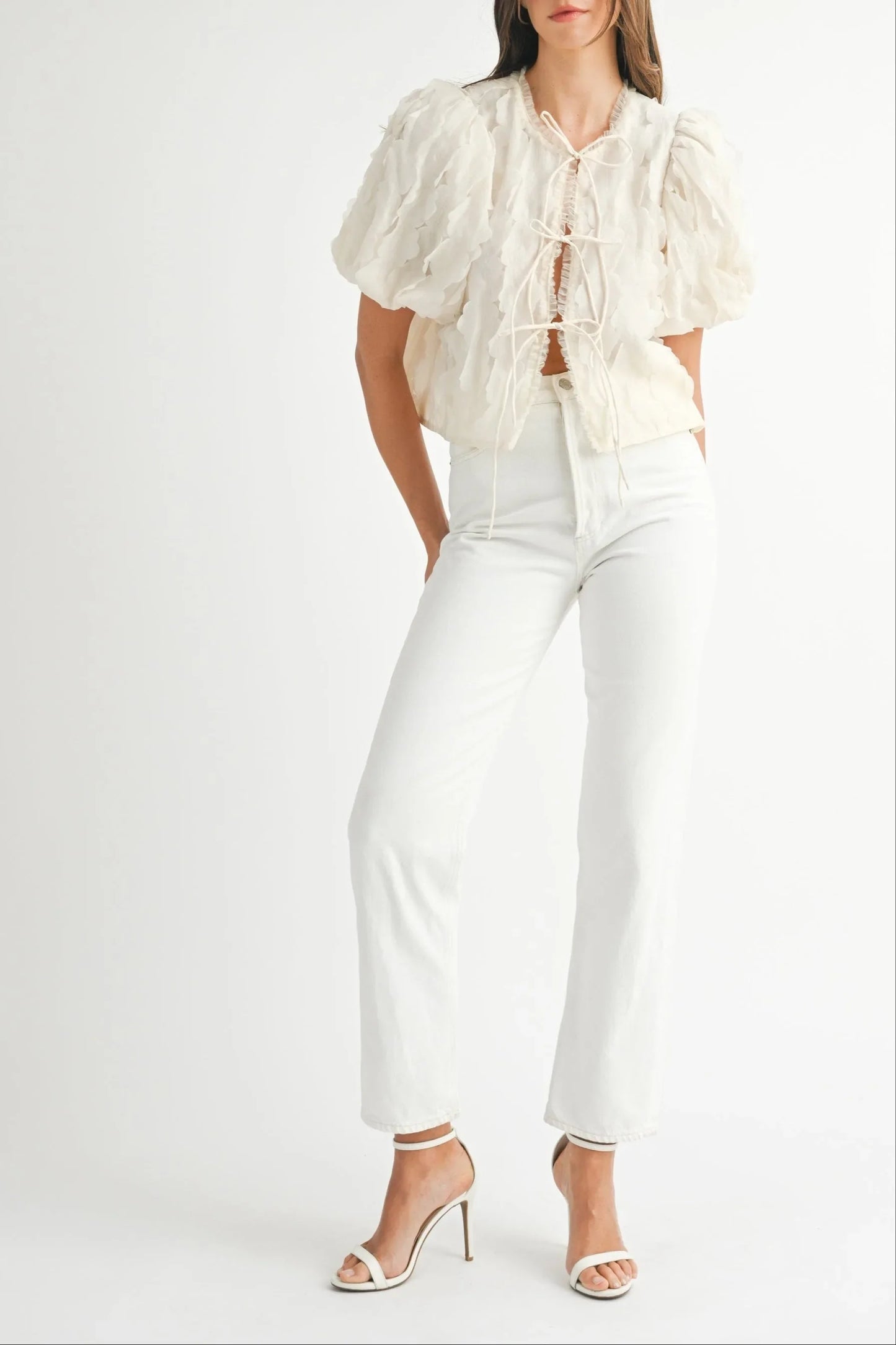 Textured Scallop Puff Sleeve Blouse Top — Elegant Modern Feminine Versatile Everyday Style - Cream Blouses