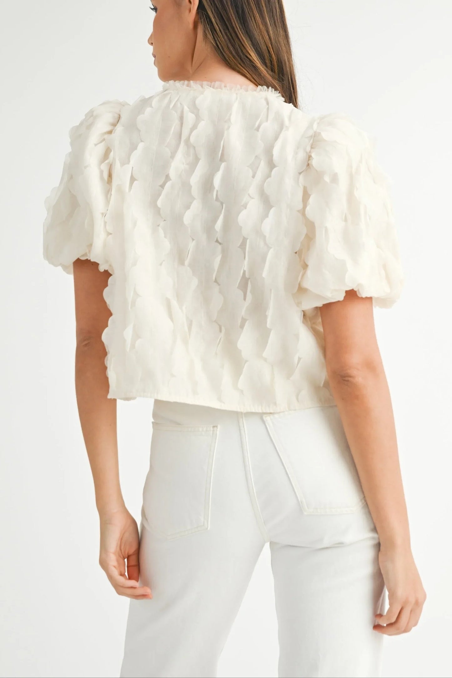 Textured Scallop Puff Sleeve Blouse Top — Elegant Modern Feminine Versatile Everyday Style - Blouses